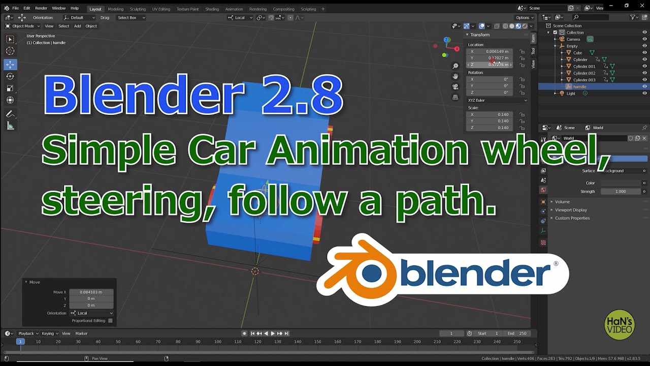 Blender 2.8 簡単カ―アニメーション設定。パス　追尾付き。Blender 2.8  Simple Car Animation wheel,  steering, follow a path.